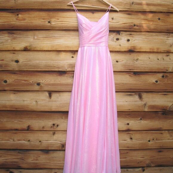 Rachel Allan Lace Back A Line Gown Dress Pink Iridescent Prom Pageant Pockets - Picture 1 of 11